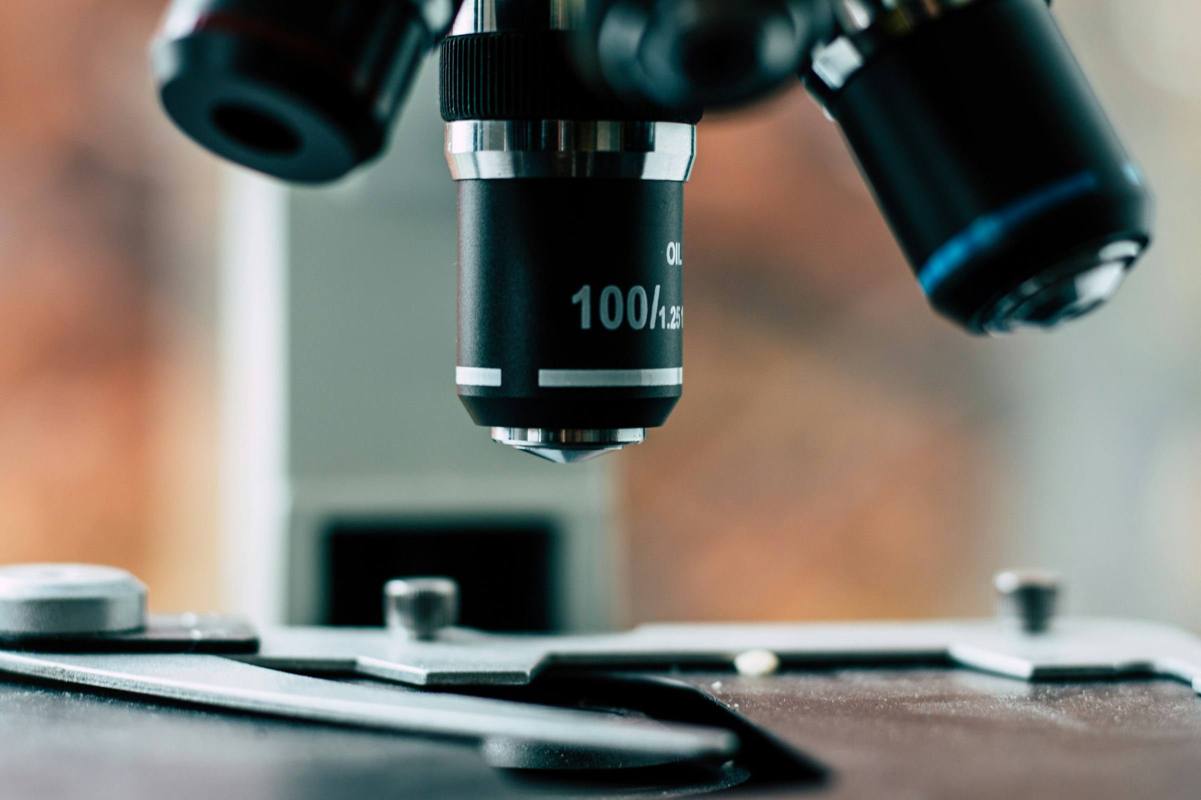 A laboratory microscope, close up